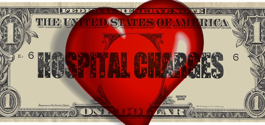 Hospital charges, dollar bill w/ superimposed red heart